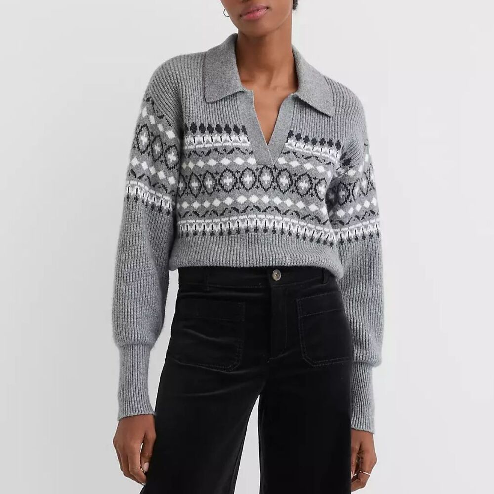 LOFT Gray Soft Knitted Fair Isle Polo Sweater Sz M